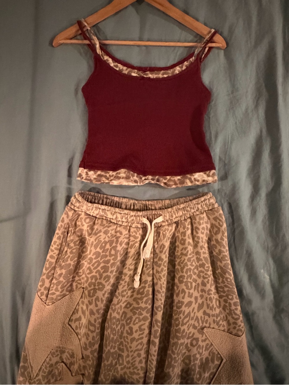 Womens Maroon Ribbed Tank with Leopard Trim